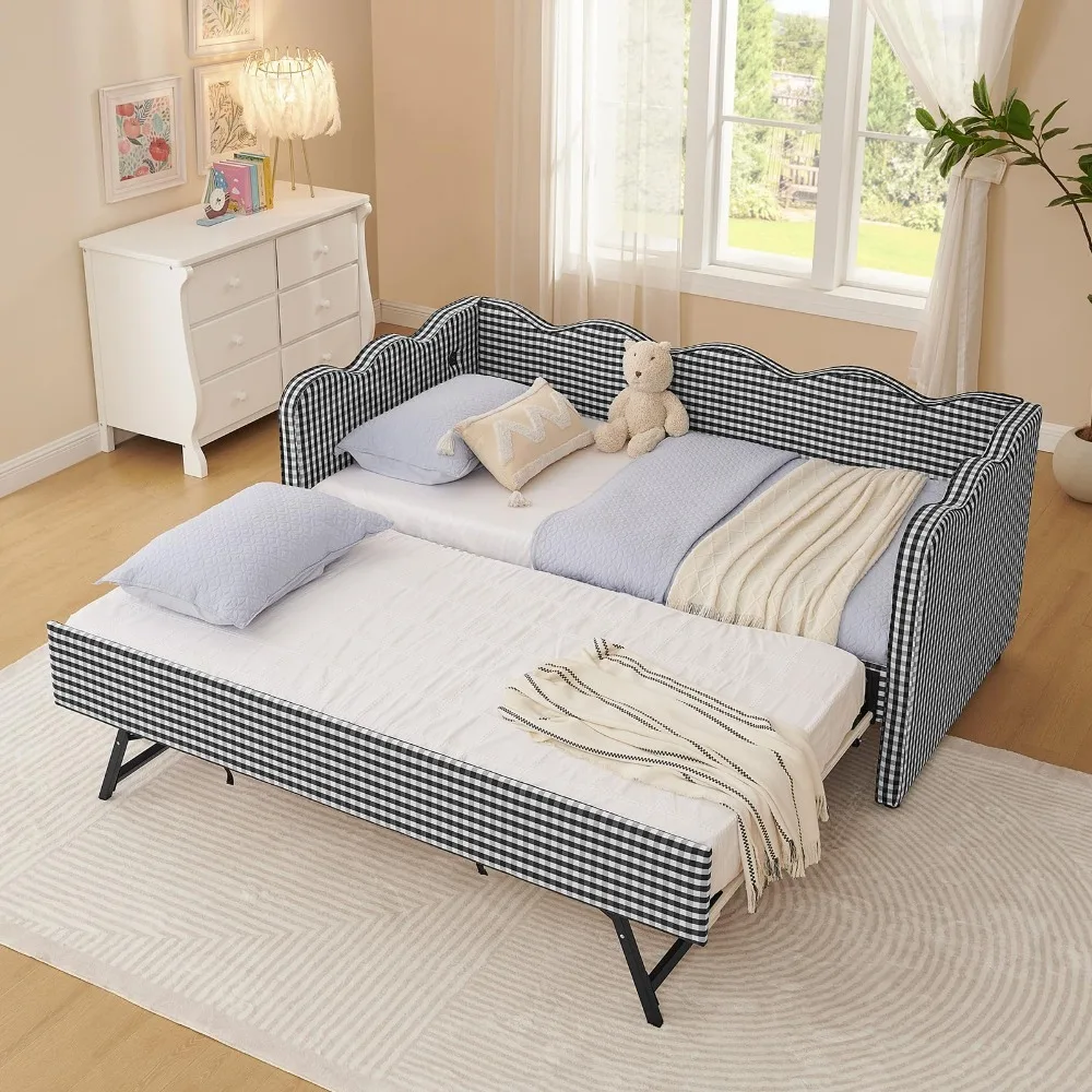 Twin Daybed with Pop Up Trundle, Gingham Linen Upholstered Twin to King Size Daybed Frame with Wooden Slats & USB