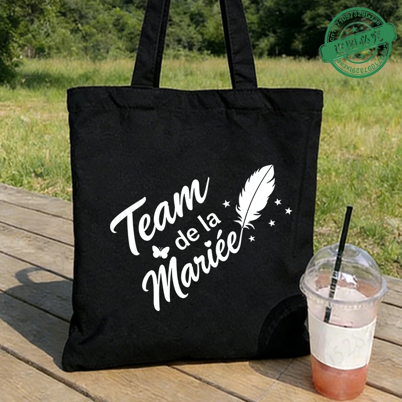 French Future Bride Team Canvas Tote Bags Bachelorette EVJF Party Feather Butterfly Design Bridal Shower Wedding Shopping Bag