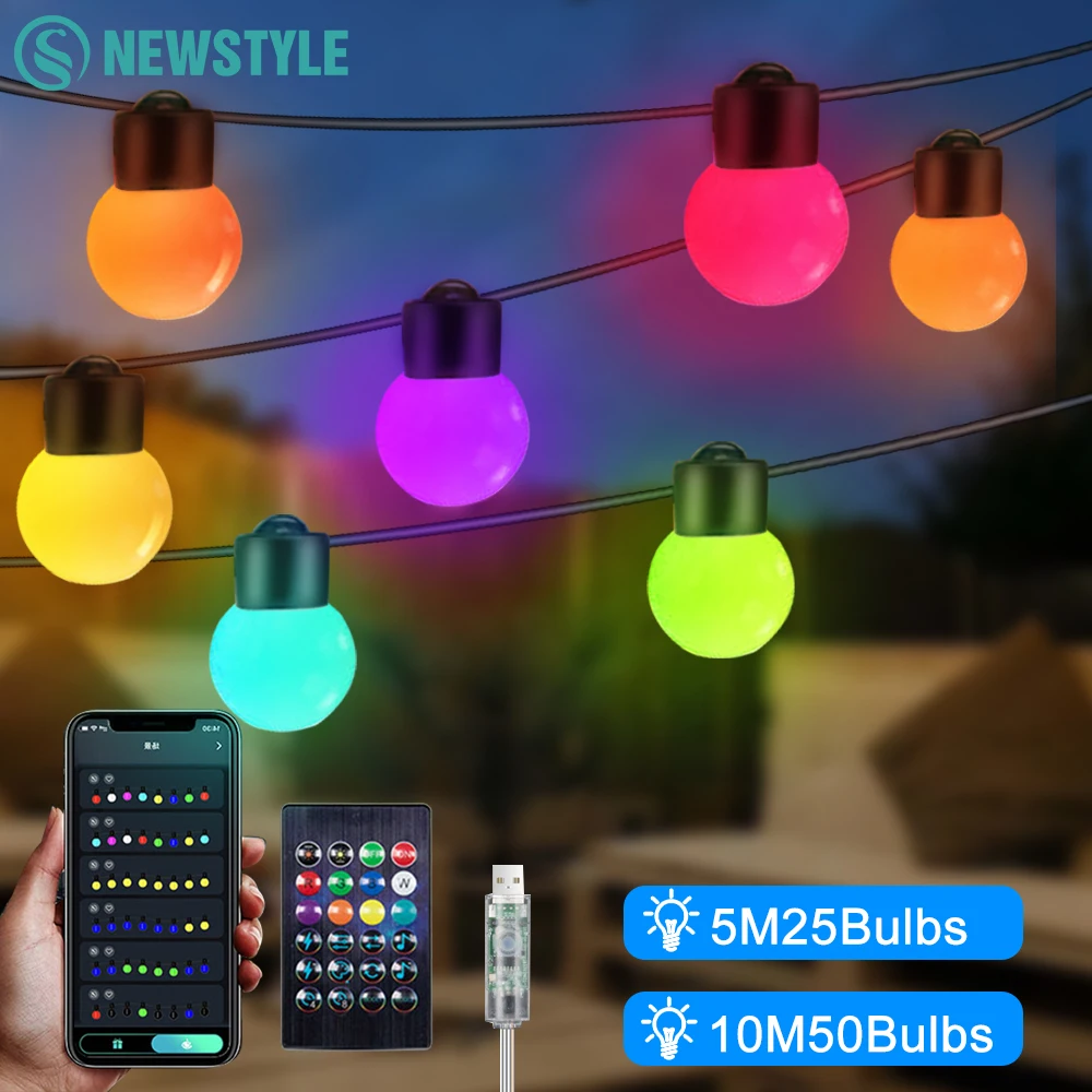 Outdoor RGB String Lights 16.5Ft 25Bulbs Patio Lights With Dimmable Smart App Color Changing Hanging Lights For Christmas Decor