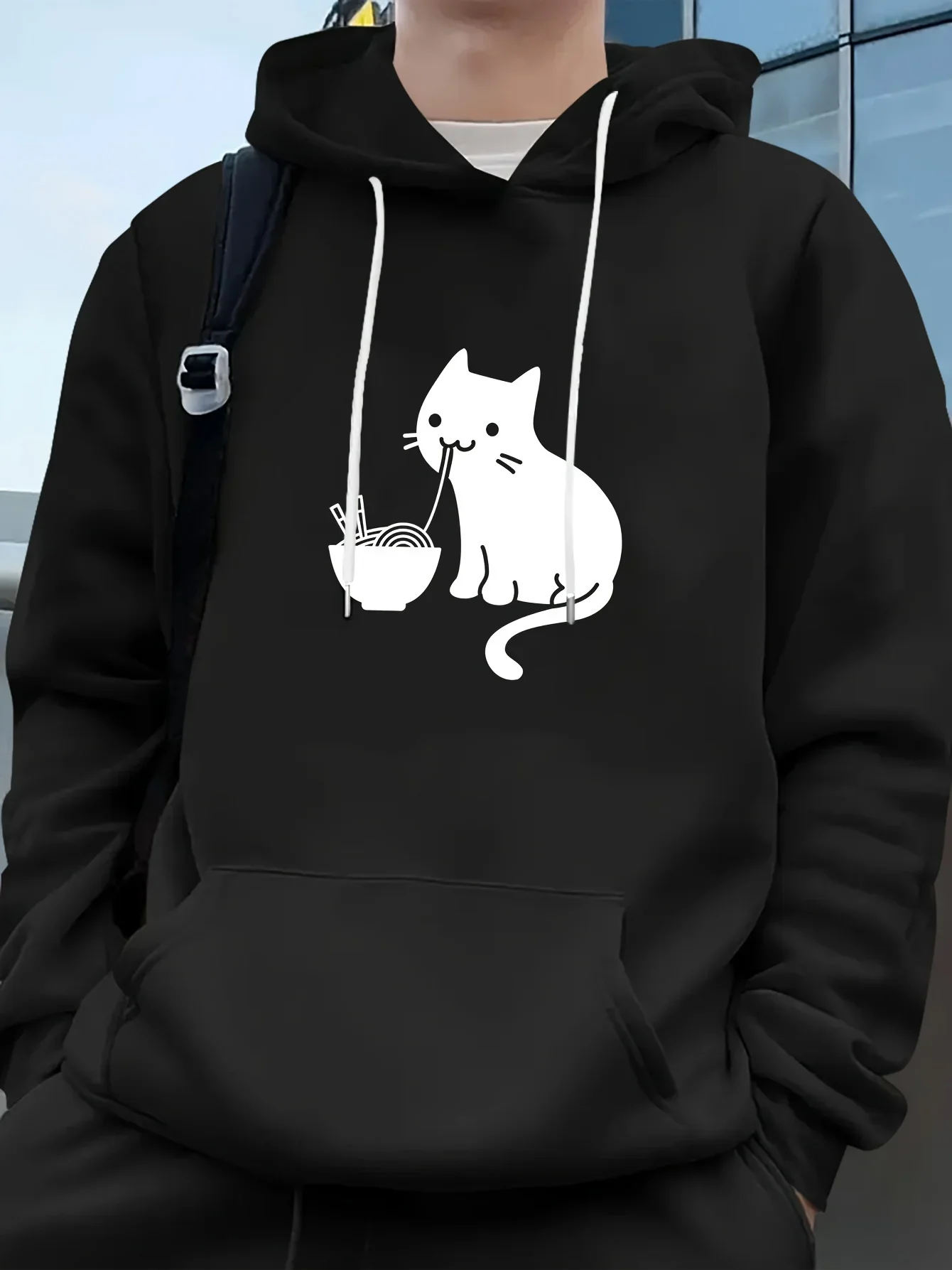 Simple Cartoon Cat Slurping Noodle Graphic Hoodie Lovely Pet Food Theme Front Print Loose Unisex Fleece Pullover Hooded