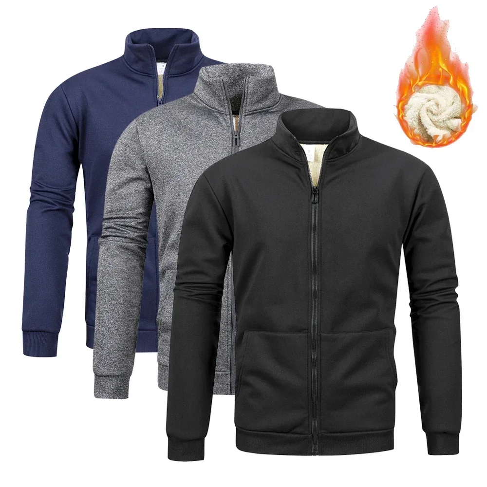 

Men's Stand Collar Jacket Thick Warm Fleece Lined Zip Coat Long Sleeve Casual Sweatshirt Autumn Winter Thermal Sports Jacket