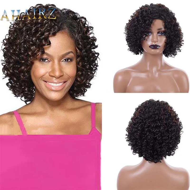 

Short Kinky Curly Black Mixed Brown Wigs for Black Women Afro Kinky Curly Wig With Bangs Synthetic Fluffy Wigs