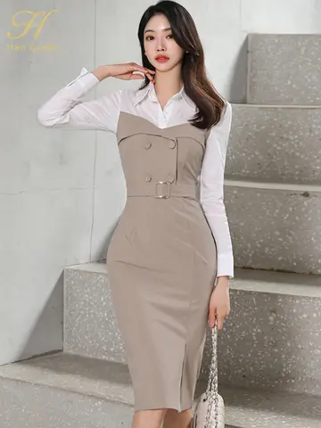 H Han Queen Autumn Formal Dresses Fashion Elegant Midi Dresses For Women Slim Korean Vintage Office Party Casual Vestidos