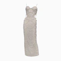 2025 New Beading Spaghetti Strap Dress Women Sexy Sequins Hollow Out Clothing Club Party Celebrity Fashion Dresses