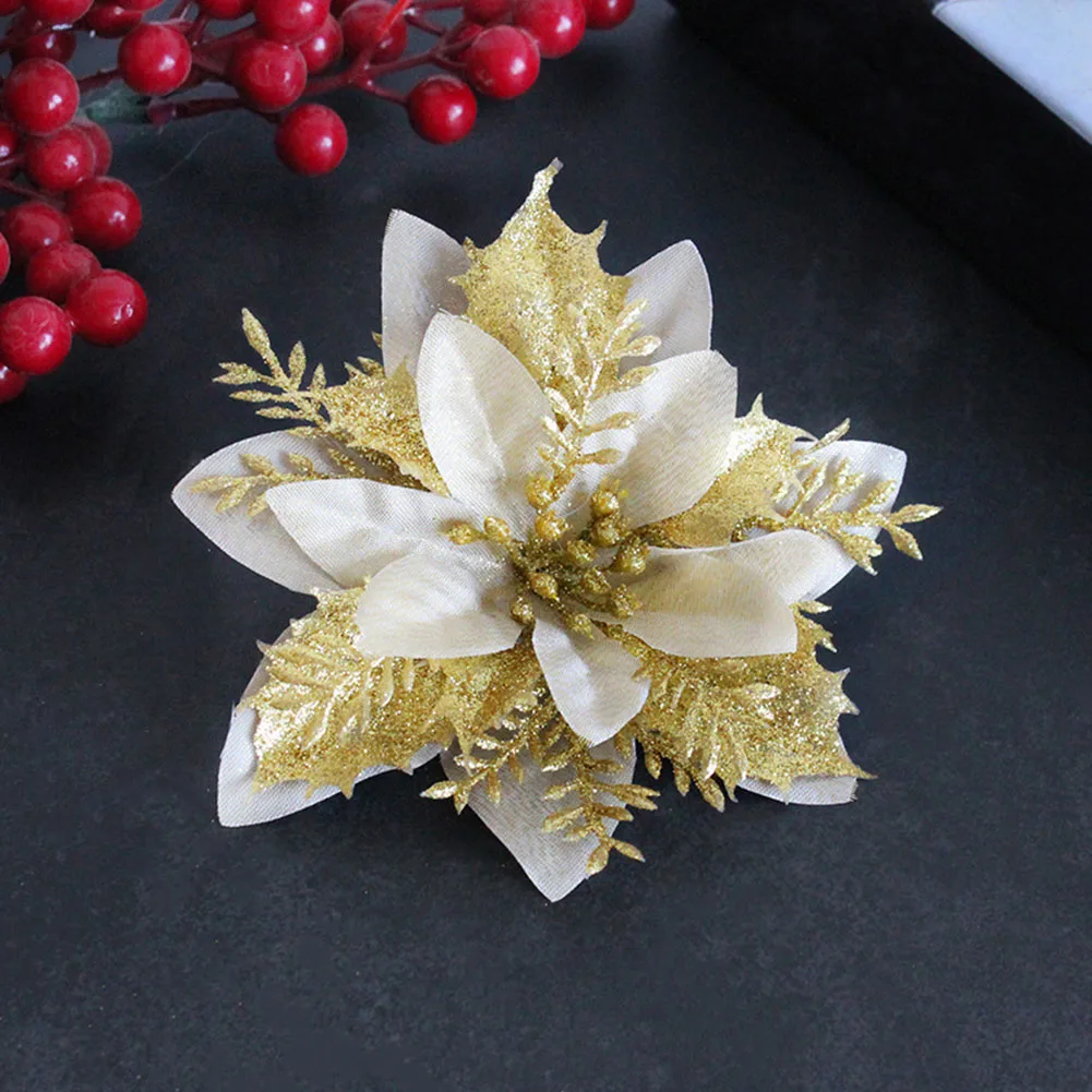 Natal poinsétia glitter flores artificial poinsétia cabeça de flor ornamento da árvore de natal decoração para casa navidad ano novo 2025