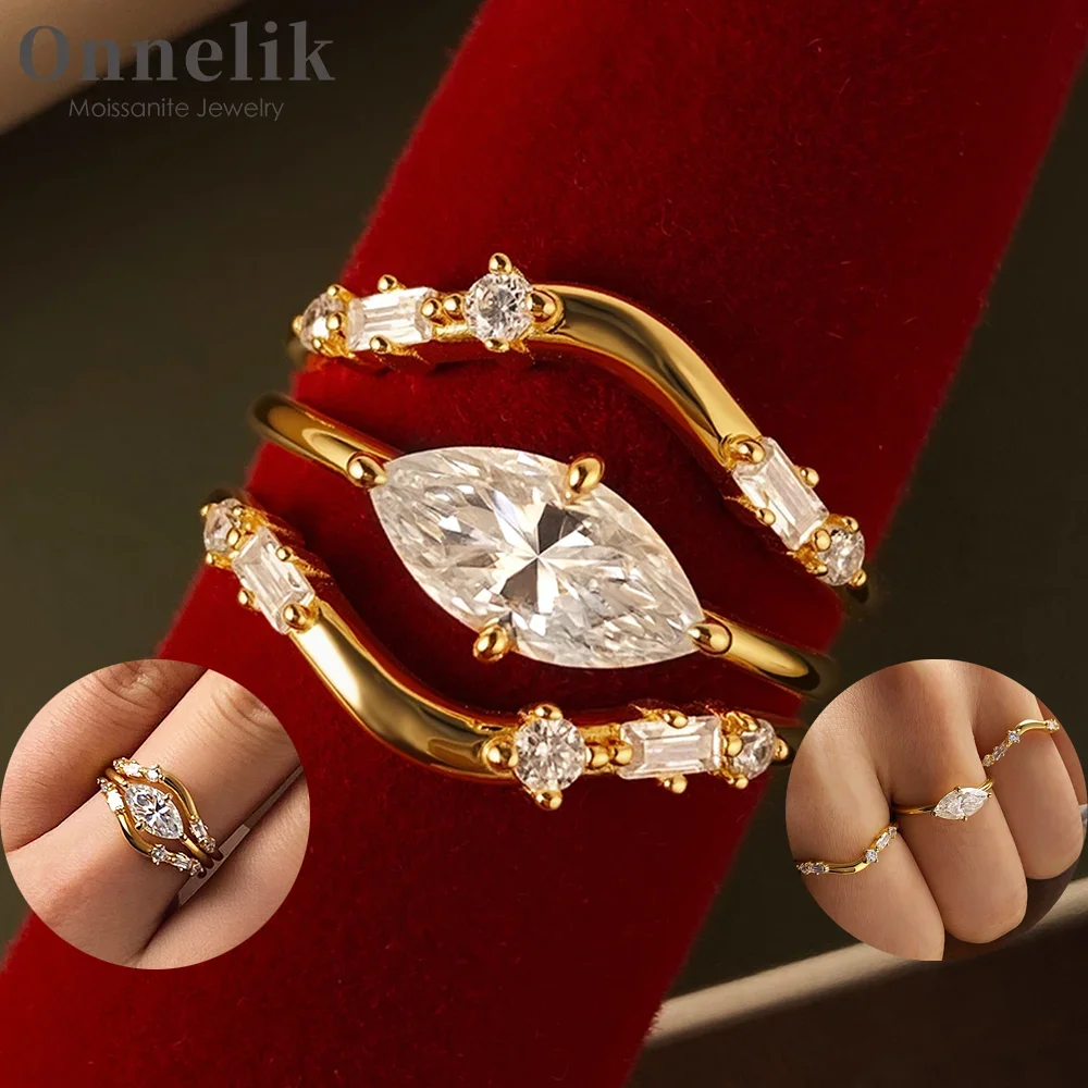 

Onnelik D VVS1 925 Sterling Silver 1CT Marquise Moissanite Wearing Multiple Ring for Woman Wedding Fine Engagement Jewelry Gifts