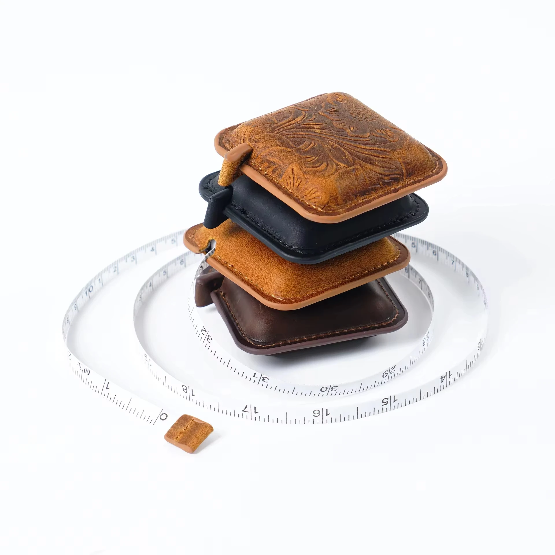 Mini Handmade Roll Tape  Measure Head Layer Cowhide Pull Vintage Measuring Tape Retractable Keychain Pendant Tape Measure