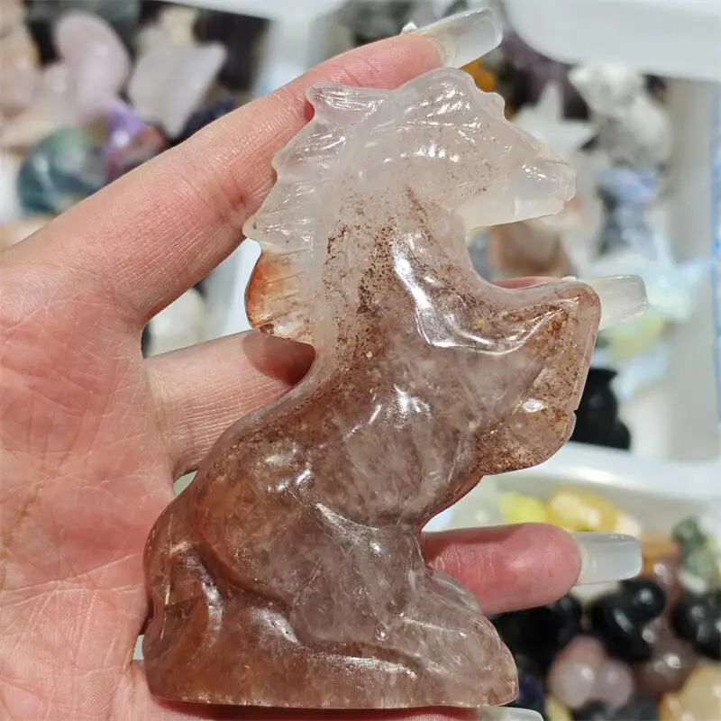 Natural Red Fire Quartz Hematoid Horse Carving Crystal Healing Fengshui Gemstones Home Decoration Holiday Gift 1PCS