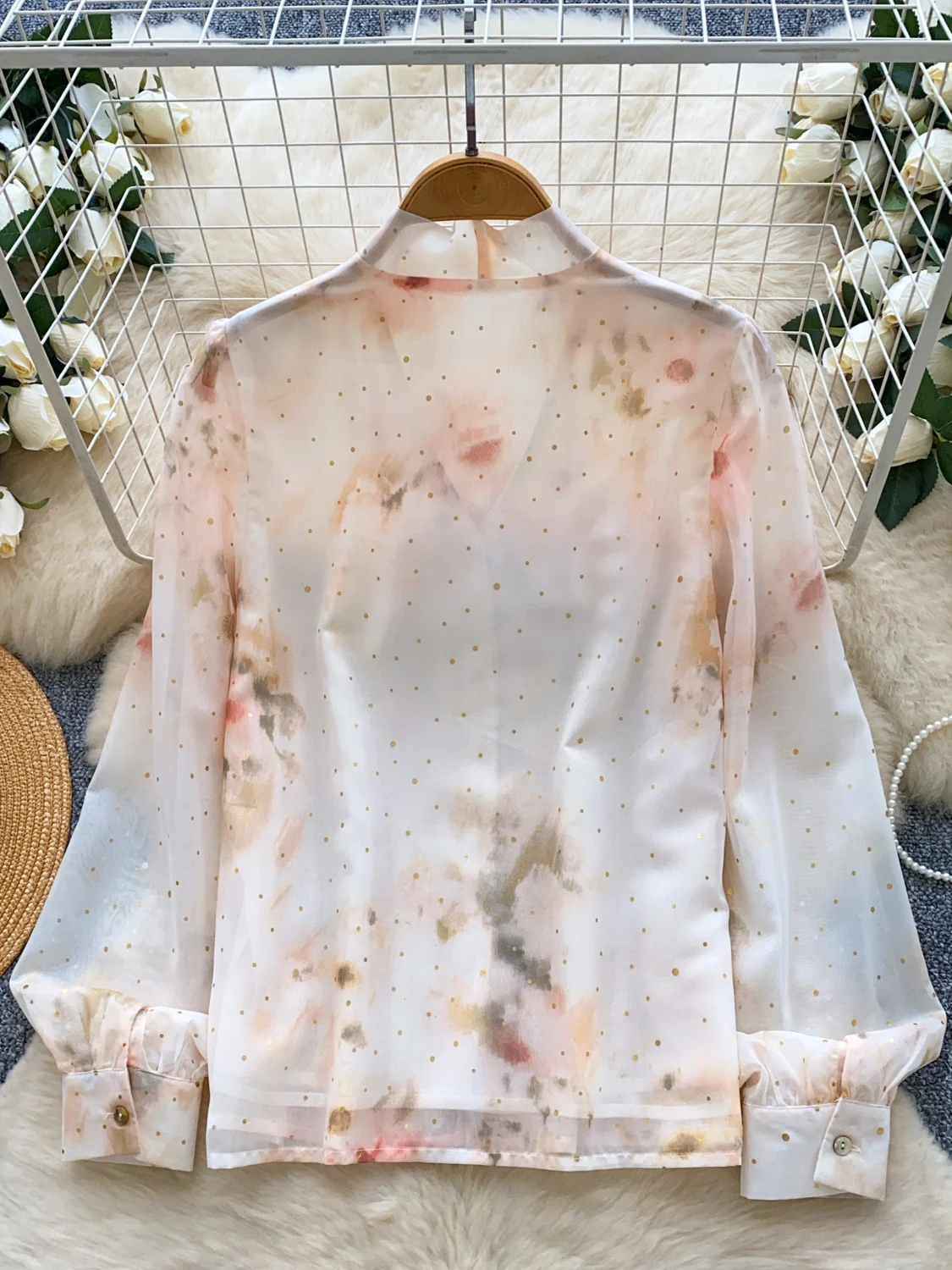 Ele V-Ne Long Sve Printed Chiffon Top with Bow Tie French Sle Loose Fit Breathable Comfortable Women's irt