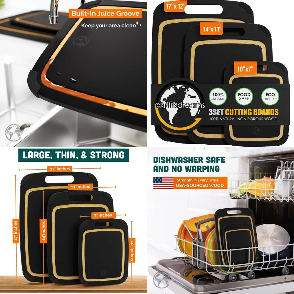 

Набор из 3 деревянных разделочных досок: доски для закусок, от больших до очень больших размеров, без пластика, нетоксичные, можно мыть в посудомоечной машине (черный/бежевый)