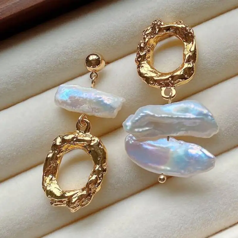 

Natural white Baroque Pearl earrings Freshwater pearls 18K Handmade Beaded Men Dangle Platinum Wedding Clip-on Chandelier Women