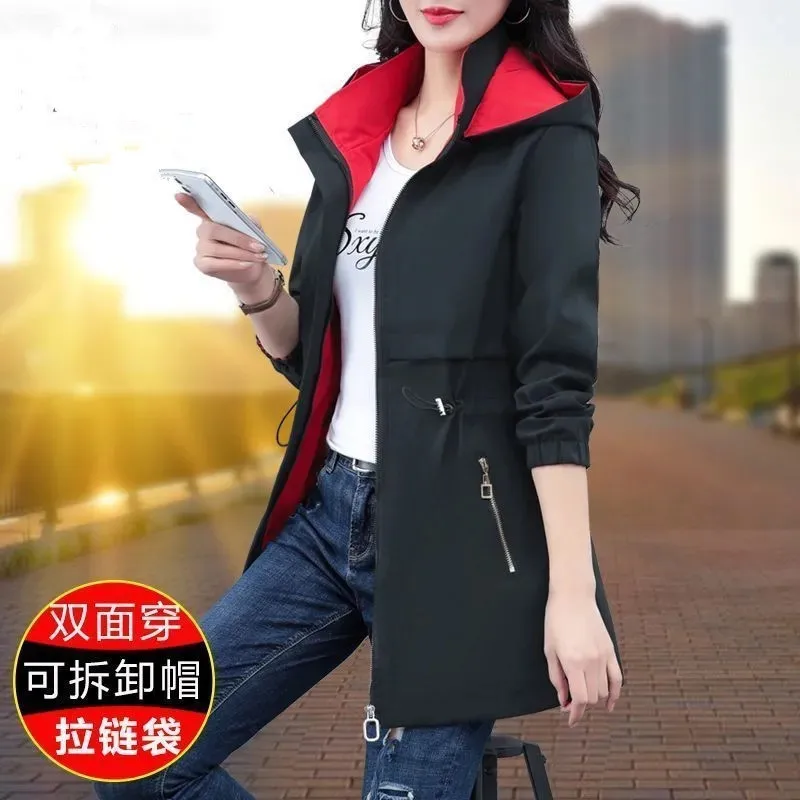 สองด้าน Trench Coat ผู้หญิง 2025 ฤดูใบไม้ผลิใหม่ฤดูใบไม้ร่วง Casual Hooded เสื้อผ้ากลางความยาว Windbreaker หญิงหลวม ...