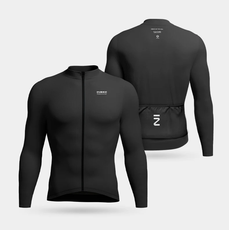 INBIKE Herren-Fleece-Radtrikot für den Winter, langärmelig, durchgehender Reißverschluss, einfarbig, Rennrad-Top mit 3 Gesäßtaschen, Radtrikot – Detail 13