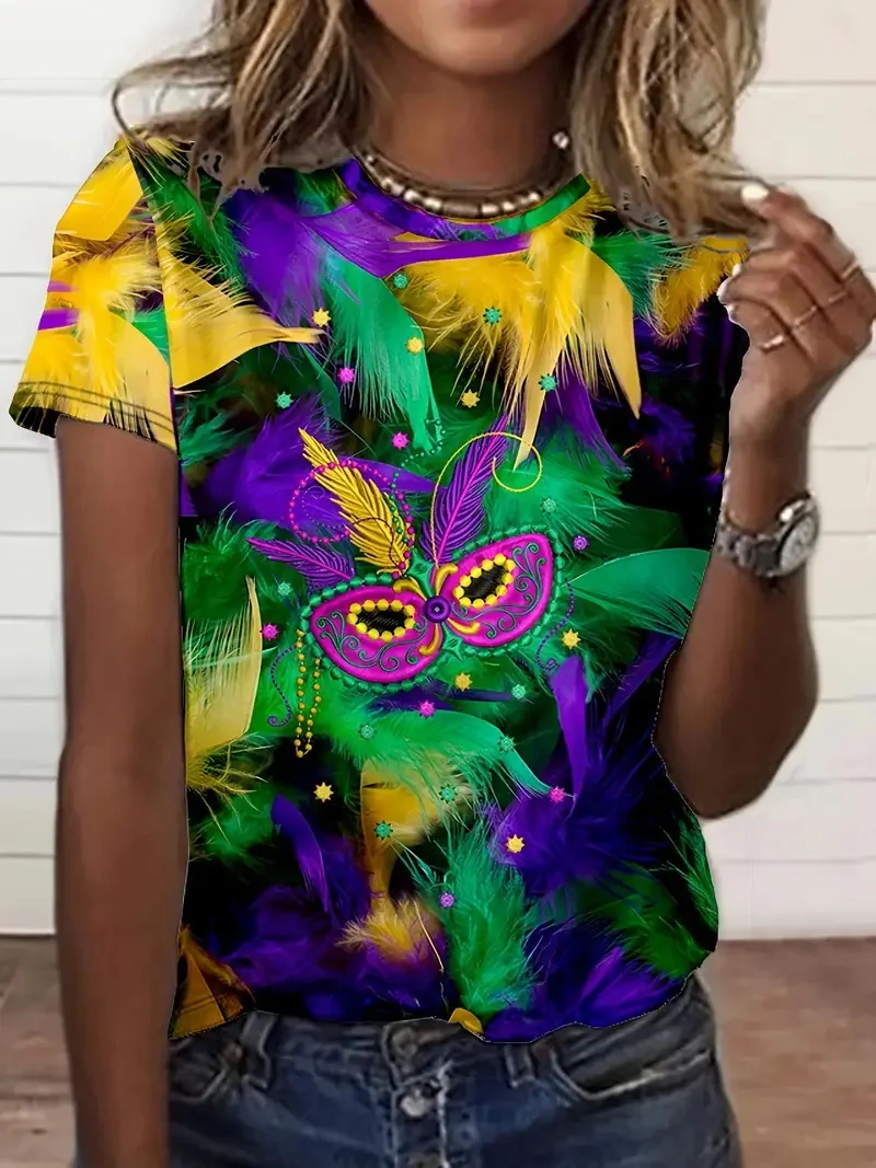 Full Print Women Mardi Gras Mask Pattern T Shirt Casual Short Sleeve Crew Neck Tees Shirt New In Party Tshirts Women's Clothing