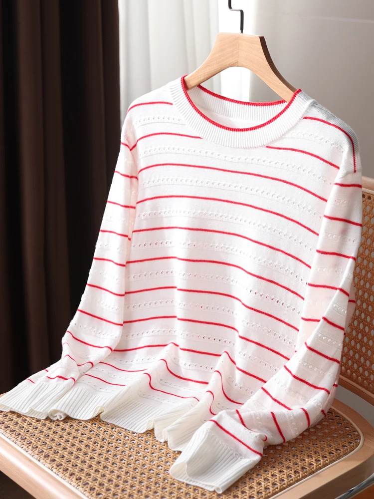 Spring Summer Women\'s O-neck Hollow Striped Long Sleeve Pullover Shirt 30% Merino Wool Knitwear Sweater Korean Popular Tops