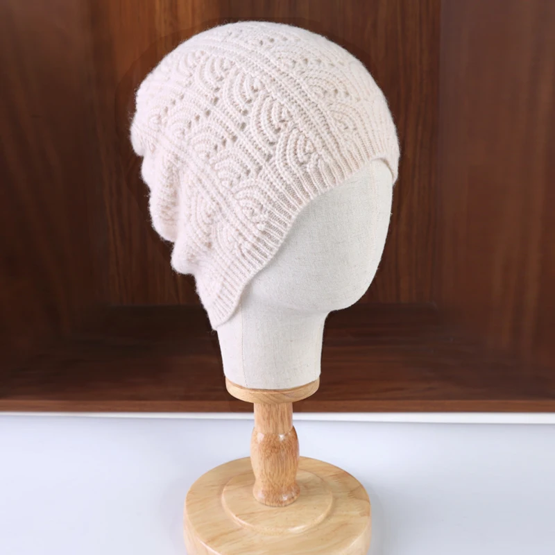 100% Wool Men'S And Women'S Hollowed-Out Woolen Knitted Hats, Winter Warm Fan Shap Strip Headscarves And Ear-Protecting Hats