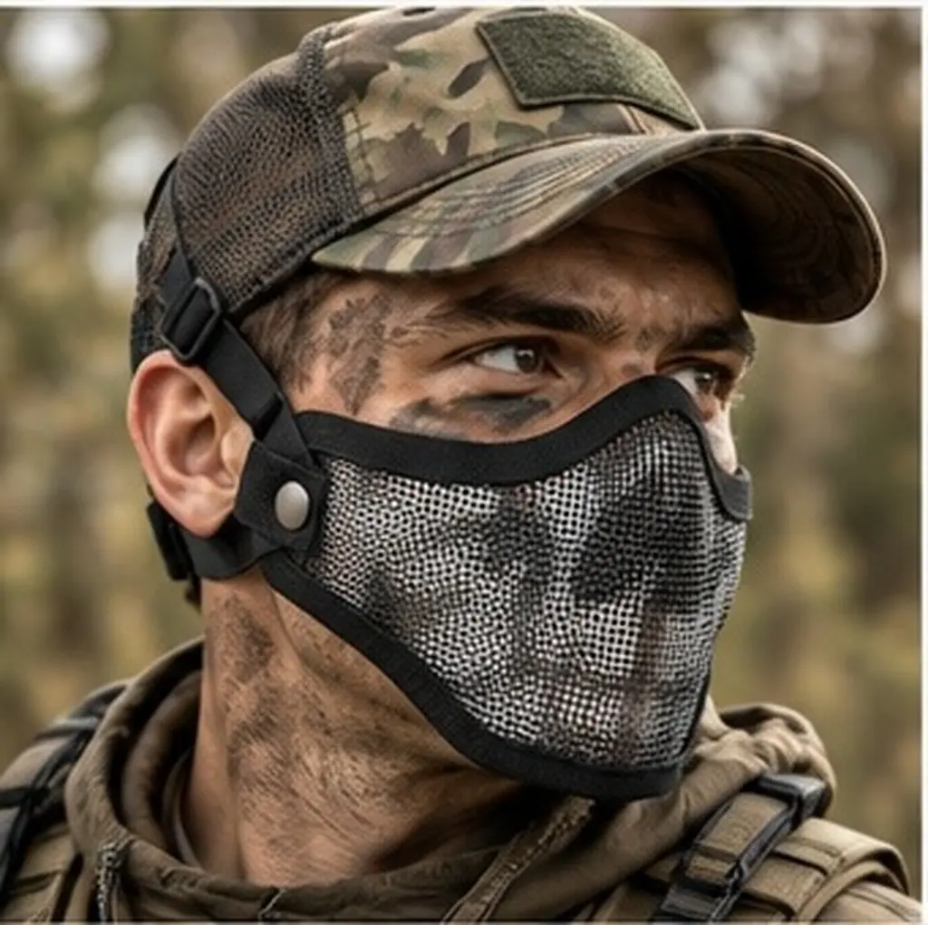 Outdoor Metal Mesh Half Face Skull Mask Black Protective Mask Breathable Adjustable Elastic Headband for Hunting Cs