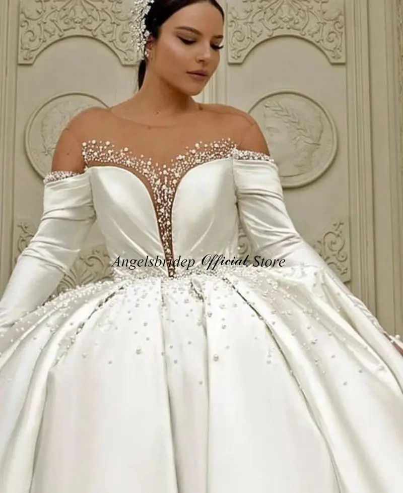 Angelsbridep Ball Gown Wedding Dresses Scoop Neck Bride Dress Long Sleeves Satin Vestidos De Novia Dubai African Robe De Mariée