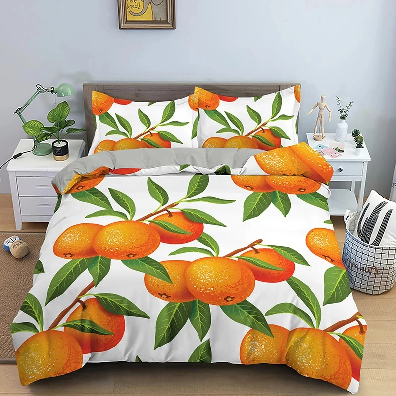 Orange Duvet Cover Twin King,Kawaii Fruit Bedding Set Orange Comforter Cover for Girls Women Room,Tropical Botanical Quilt Cover