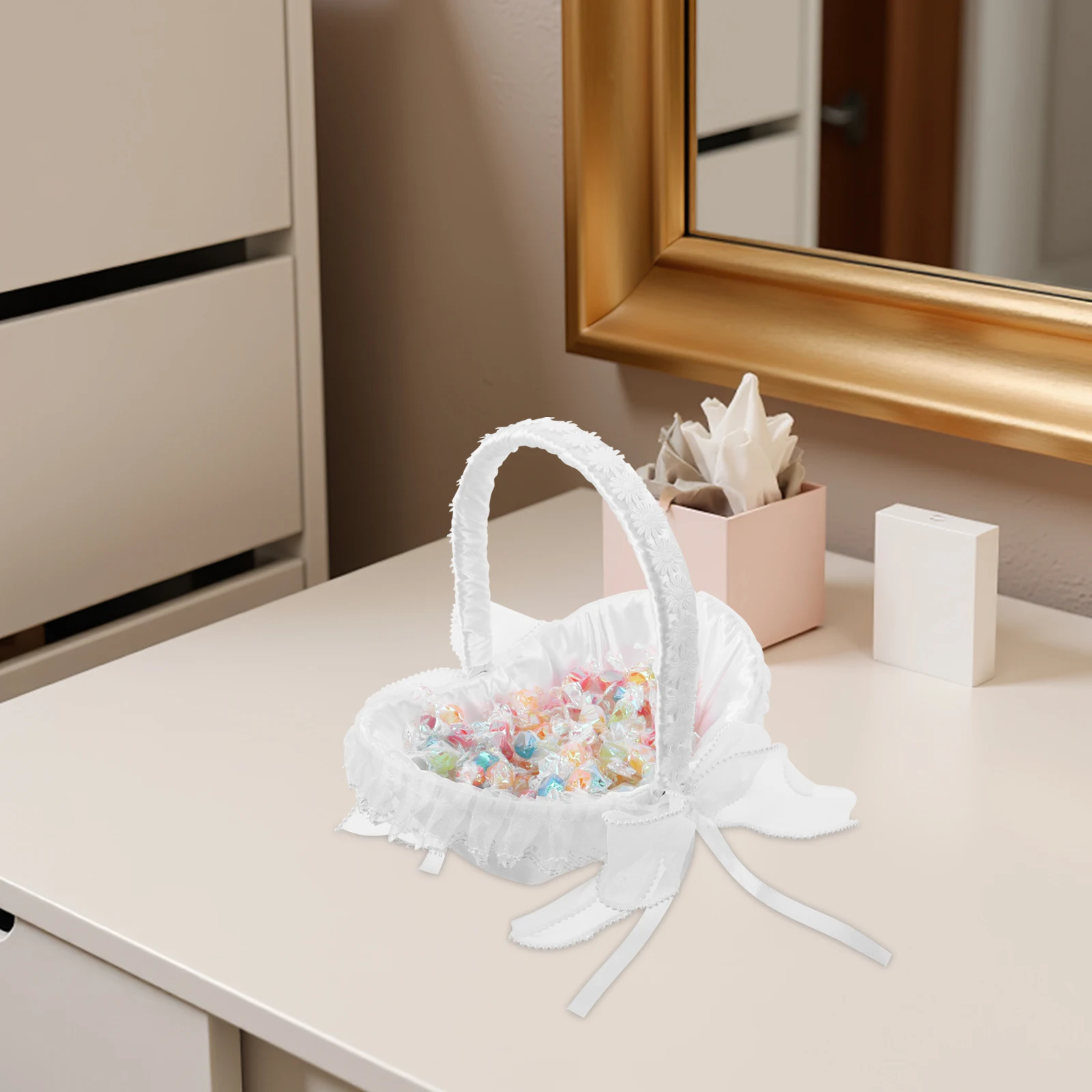 

Elegant Wedding Flower Girl Basket Satin Lace Handle Rustic European Style Tabletop Organizer Ceremony Supplies Bridal Baskets