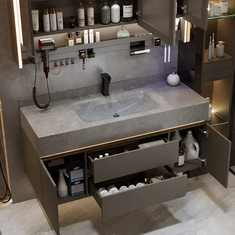 c13-Nordic Luxury Rock Plate Vanity Combo Vanity with Sink Fog Removal Storage Smart Mirror Cabinets Furniture Mueble Lavabo C