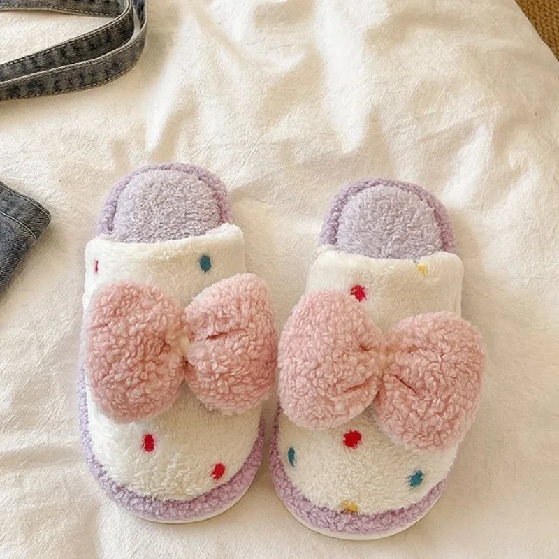 

Cute Bowknot Cotton Slippers for Women Warm Plush Home Use Slip Resistant Soft Sole Cartoon Korean Style Slippers