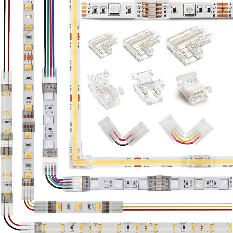 5/8/10mm 2Pin 3Pin 4Pin L-Shaped LED Strip Connector, Transparent Solderless Crystal Buckle Hat Connector for COB SMD LED Light