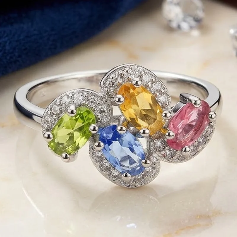 Buy 4 Get 1 Free 16x11mm Multi Color Green Peridot Golden Citrine Tanzanite Pink Kunzite Rhodolite Garnet CZ Silver plated Rings