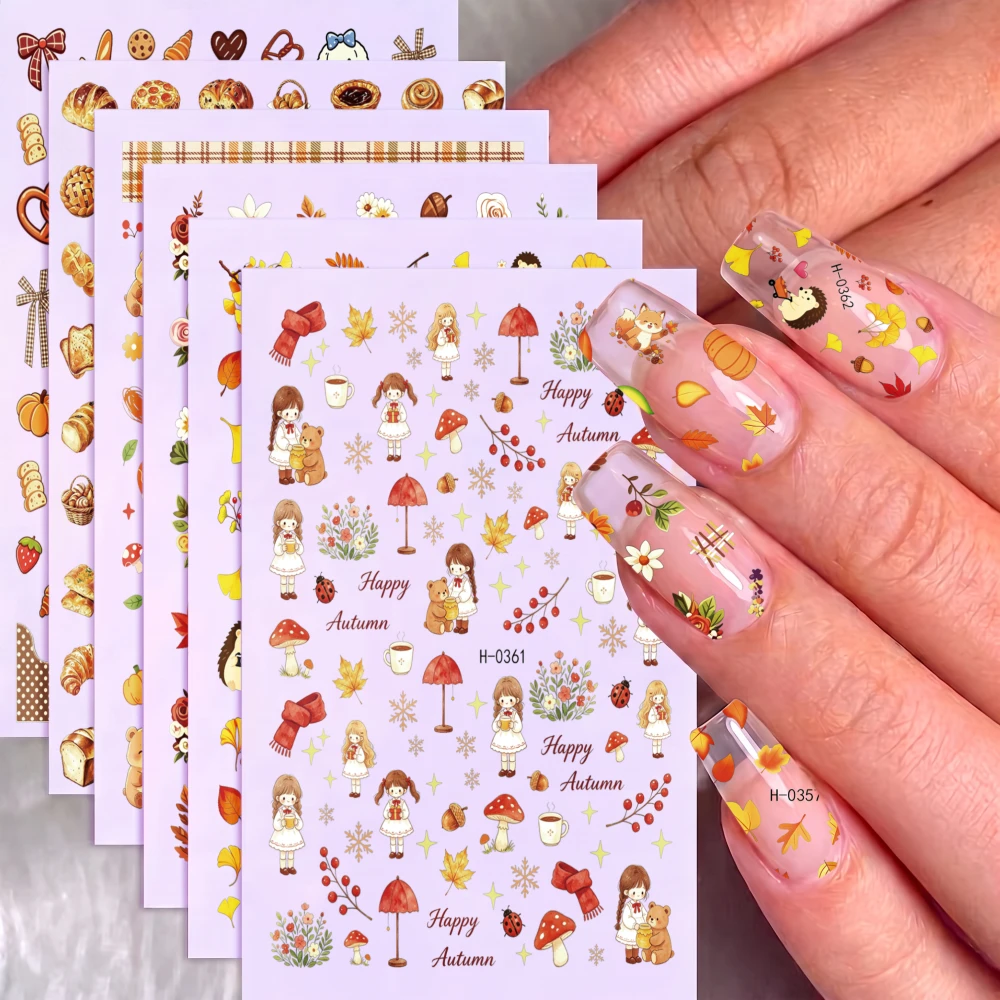 6Pcs Autumn Maple Leaf Flower Nail Stickers Pumpkin Hedgehog Squirrel Self Adhesive Nails Decals DIY Thanksgiving Manicure Decor