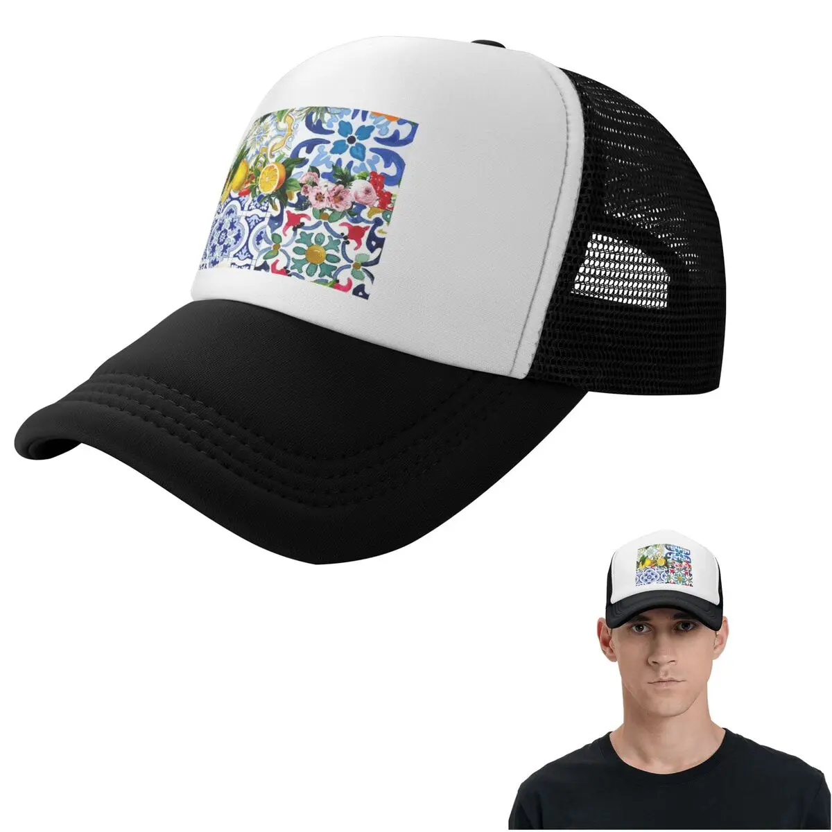 Sicilian Tiles,mediterranean,mosaic,lemons 3 Cap Casual Mesh Baseball Caps Adjustable Hat Hip Hop Summer Unisex Baseball Hats