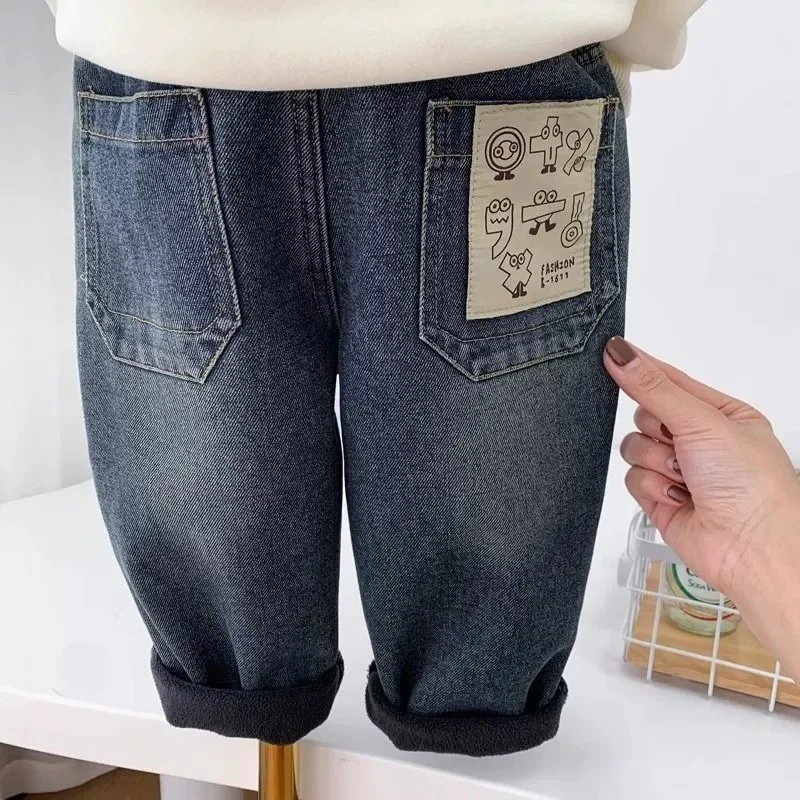 

Boys' Warm Fleece-Lined Thick Denim Pants for Autumn and Winter 2025 High-Quality Teenage School Clothing Kids' Trousers 2-8Y