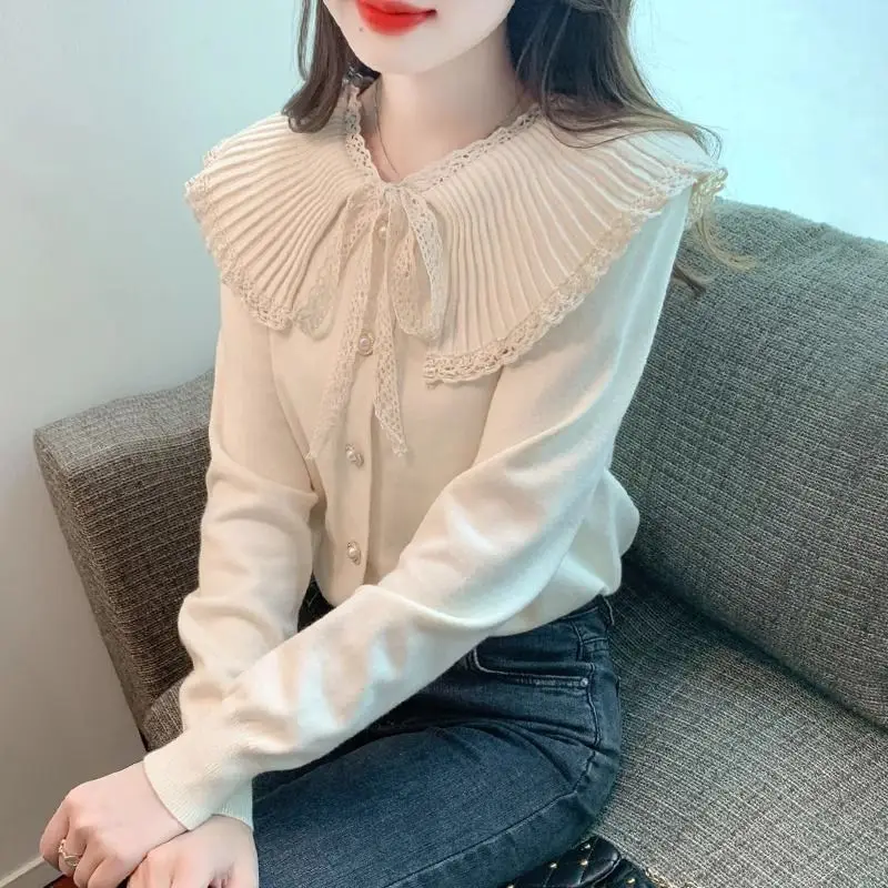 Women Stylish Lace-up Bow Patchwork Sweet Chic Knitted Sweater Autumn Winter Female Elegant Lace Long Sleeve Slim Pullover Tops