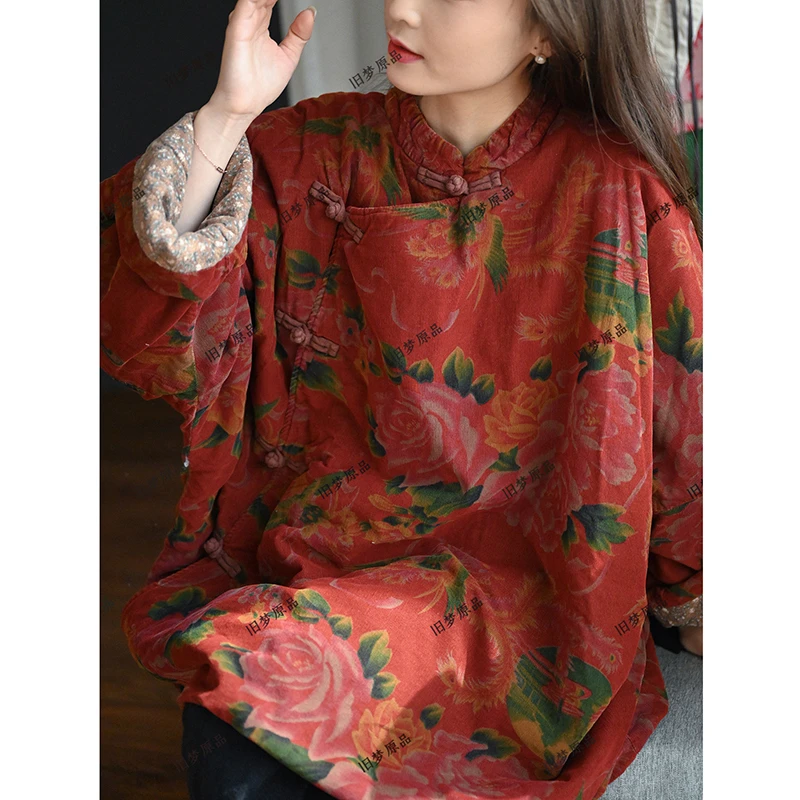 

25 New Arrival Winter Women Vintage Floral Print Single Breasted Parkas Long Sleeves O-neck Cotton Linen Loose Casual Coats J177