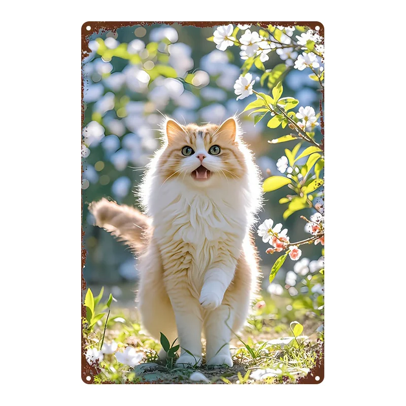 2D Flat 1pc Cat Cherry Blossom Metal Sign, Durable Painting Decoration, 7.87x11.81 Inch for Bar Bedroom Restaurant Kitchen Home