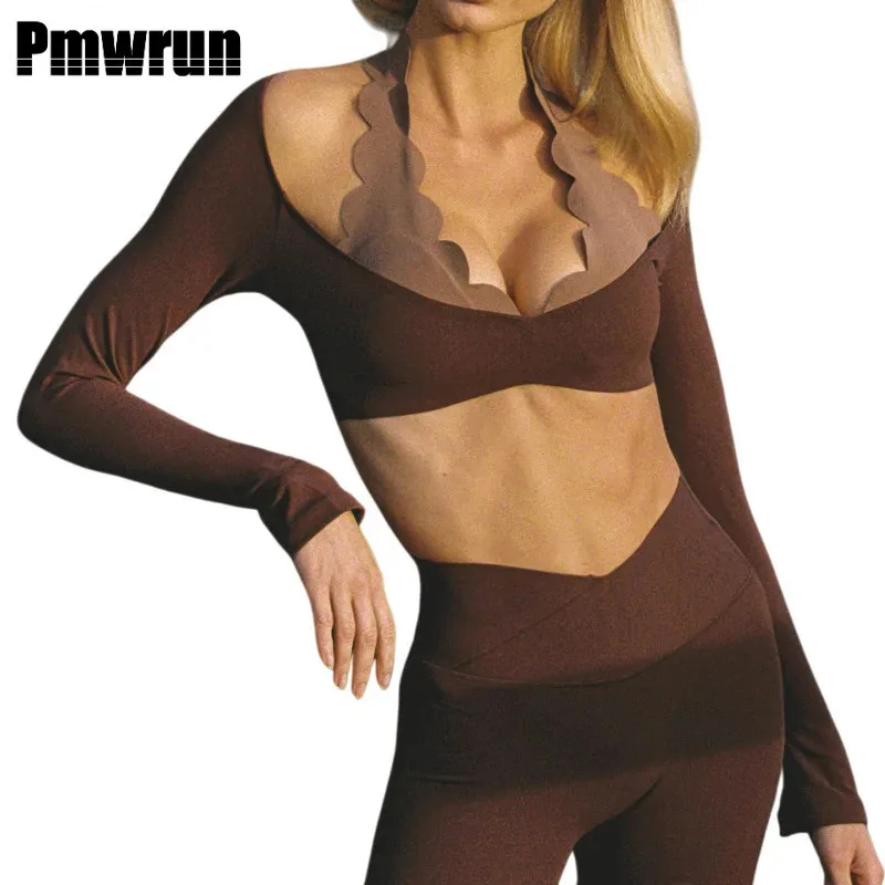 

PMWRUN Модная спортивная одежда для йоги с длинными рукавами, кружевная, высокоэластичная, облегающая, для фитнеса, топ, приталенная спортивная одежда для спортзала, женская