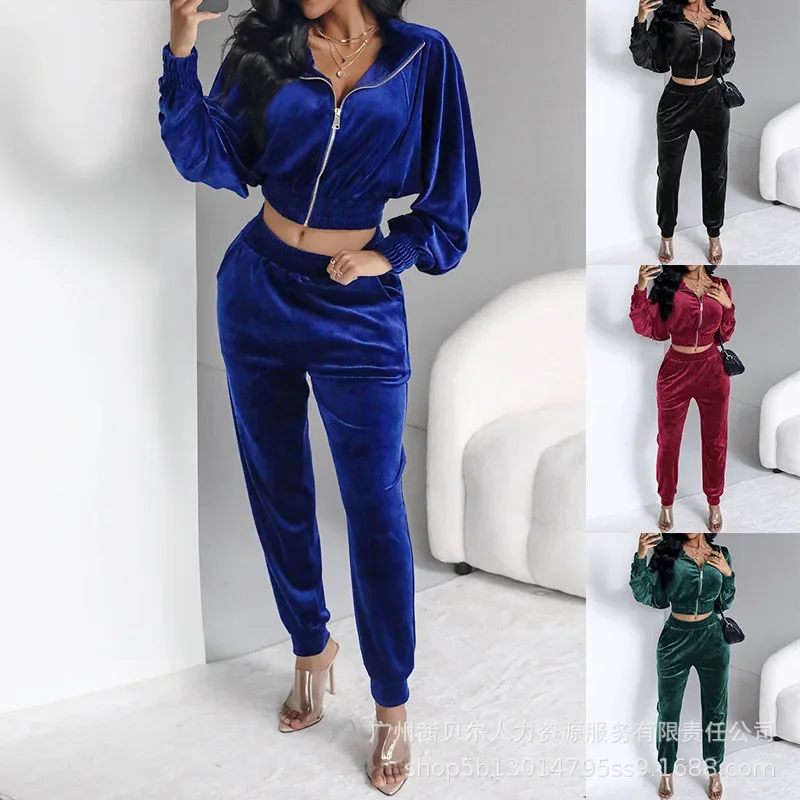 Women Two Piece Set Velvet Lounge Outfits Zip Up Crop Sweatshirt Cuffed Sweatpants with Pockets Pant Sets Autumn Matching Sets