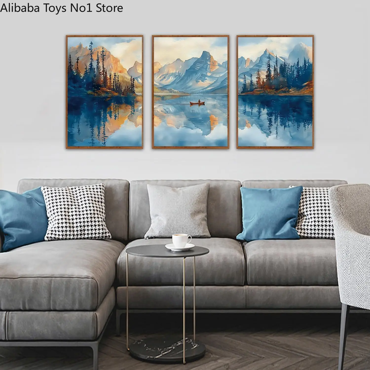 3Pcs Frameless Mountain Lake Canvas Wall Art Watercolor Forest Canoe Landscape Prints for Living Room Decor