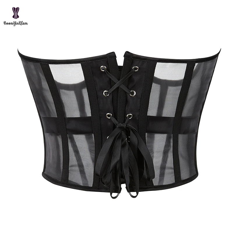 See Through Mesh Net women\'s 14 Glue Boned Cupless Chest Binder Bustier Underwire Waist Trainer corsetto con cerniera