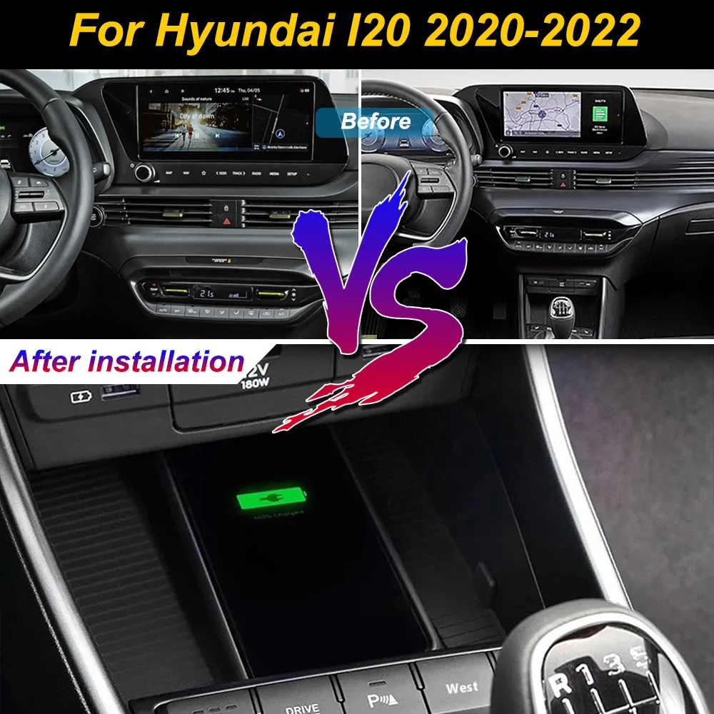 2Din for Hyundai I20 2020 2021 2022 Car Wireless Mobile Phone Charger Center Console Storage 18W iphone fast charge plate holder