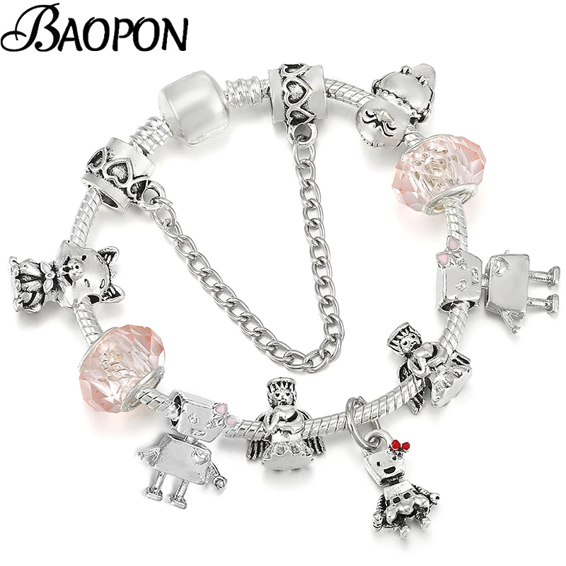 Best Seller Silver Plated Robot Little Bella Pendant Charm Bracelet With Pink Fairy Beads Bracelet For Women Fashion Jewelry