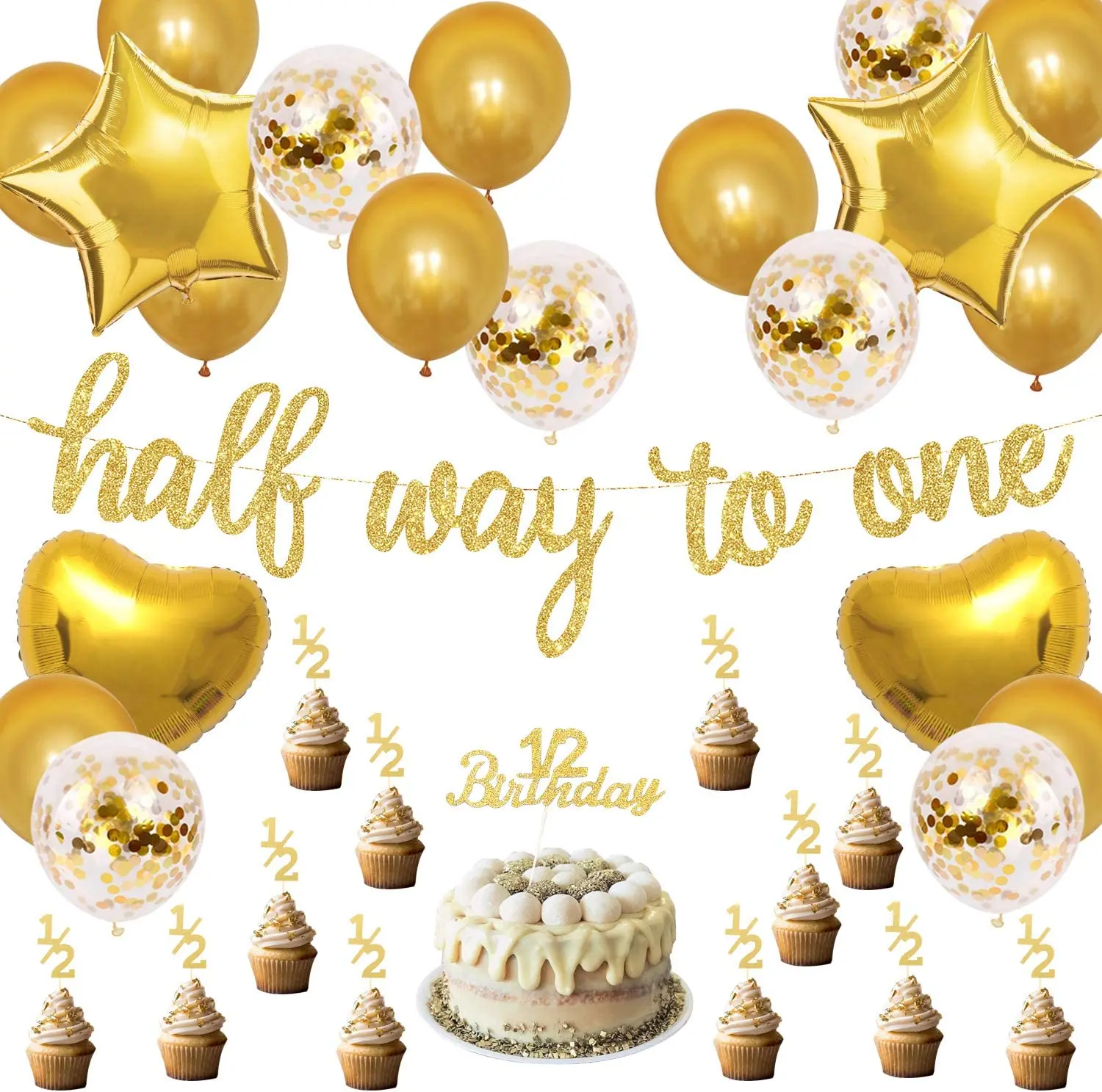 

Half Year Old Birthday Decoration Set for Six Month Baby Half Way To One Banner Gold Balloons 1/2 Birthday Cake Toppers Supplies