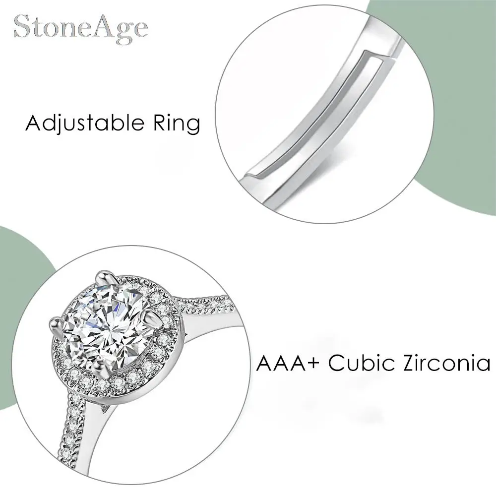 Adjustable Solitaire Rings for Women Bridal Classic Silver Color AAA+Cubic Zirconia Wedding Engagement Marriage Ring Jewelry