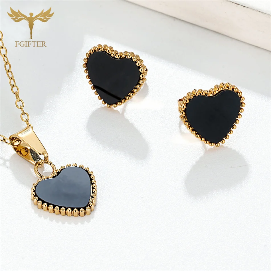 Fashion Women Jewelry Set Wedding Engagement Gifts Golden Stainless Steel Heart Earrings Pendant Necklace High Quality Plated