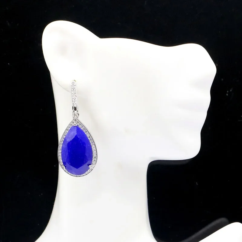 13g Customized 925 SOLID STERLING SILVER Earrings Water Drop Gemstone Real Blue Sapphire Real Red Ruby CZ Women Engagement