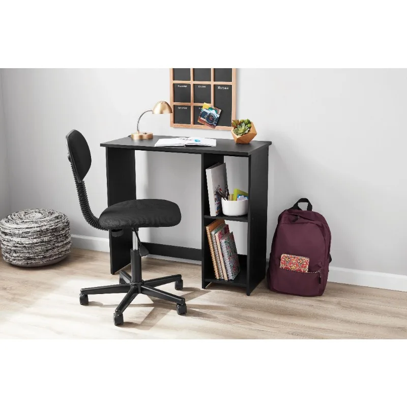 Small Space Writing Desk with 2 Shelves, True Black Oak Finish,Shelves for storage and display