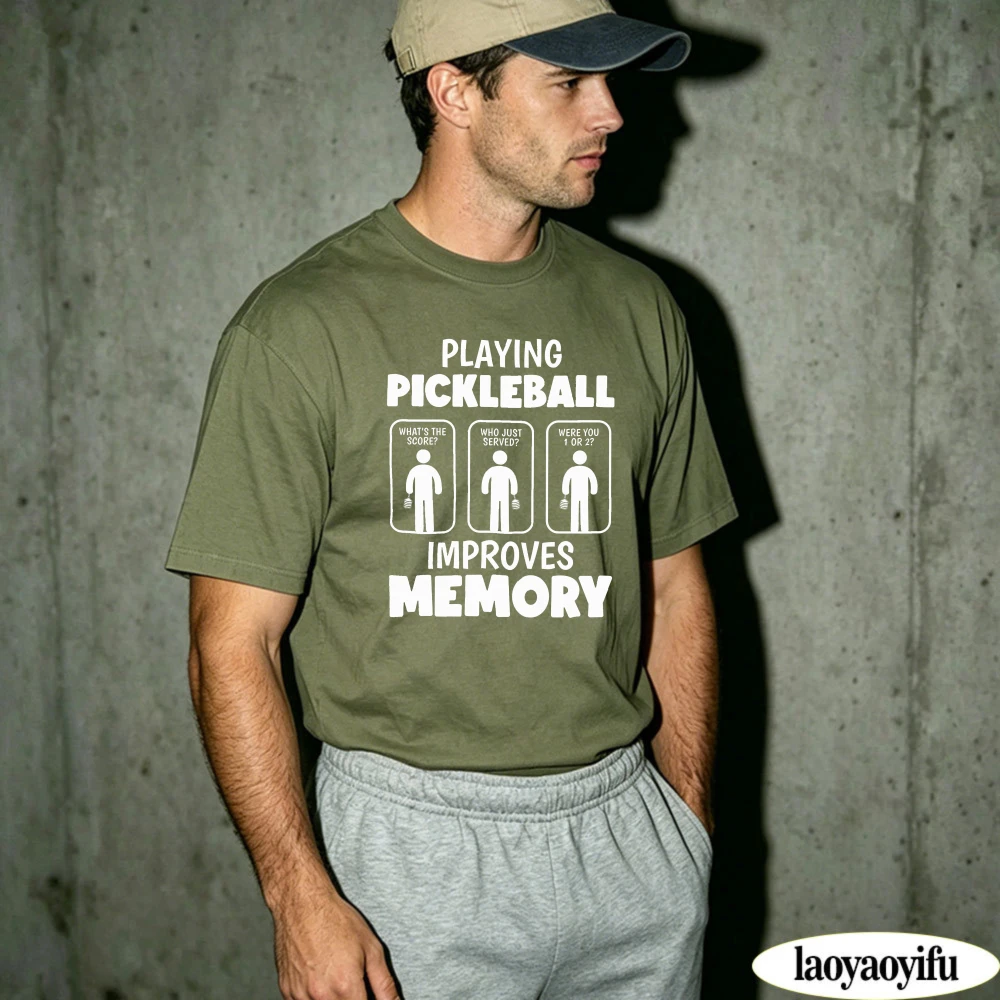 Playing Pickleball Improves Memory Print Mens Cotton T Shirt Summer Sport Loose Apparel Trendy Graphic Tee