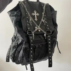 Original Y2K Girls Soft Leather Punk Backpack School Skull Cross Chain Backpack Korean Style Bagpack Women Designer Bags Gothic