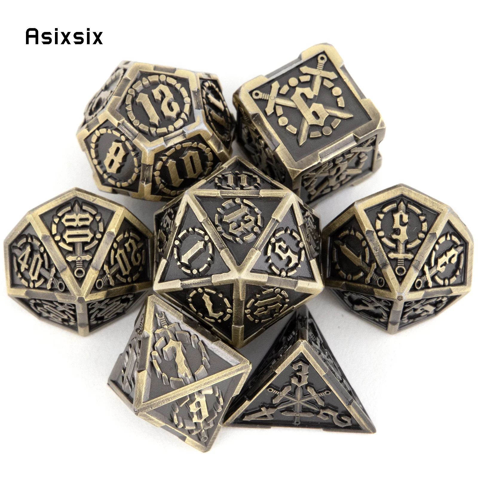 

7 Pcs Yellow Double Swords Metal Dice Solid Polyhedral Dice Set Suitable for Role-Playing RPG Board Game