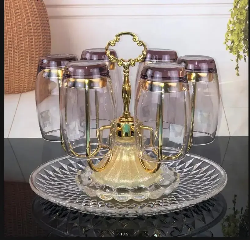 

Glass Teacup Metal Drain Rack European Rotating Cup Holder Afternoon Tea Glass 6 Piece Set Upside Down Cup with Acrylic Tray