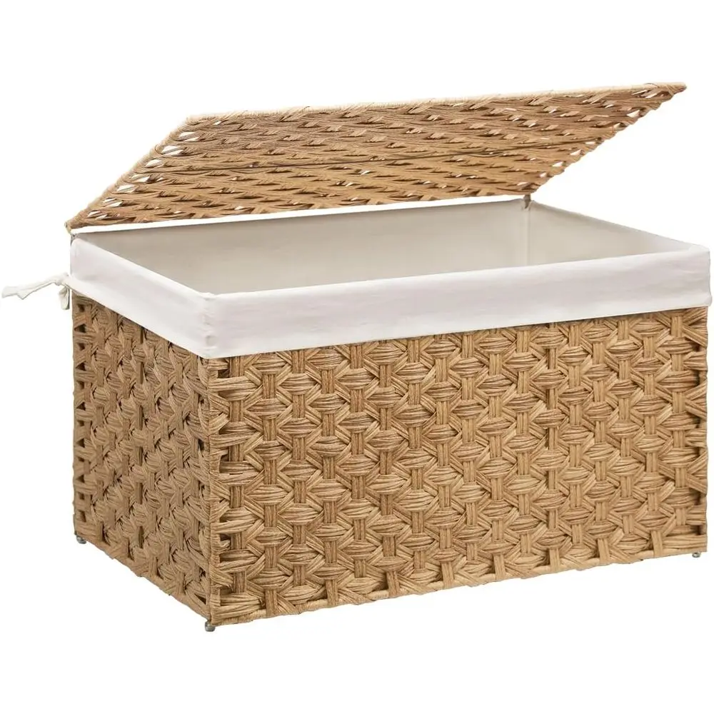 

Wicker Storage Basket with Lid, 17.2 Gallon (65L) Small Blanket Basket with Lid, Woven Storage Bin with Handles, Removable Liner
